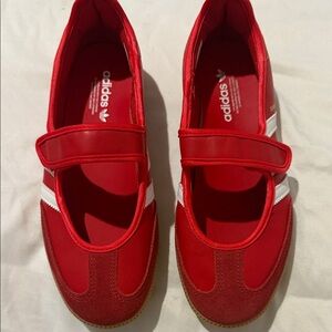 adidas Women Red Mary-Jane Sneakers with White Stripes